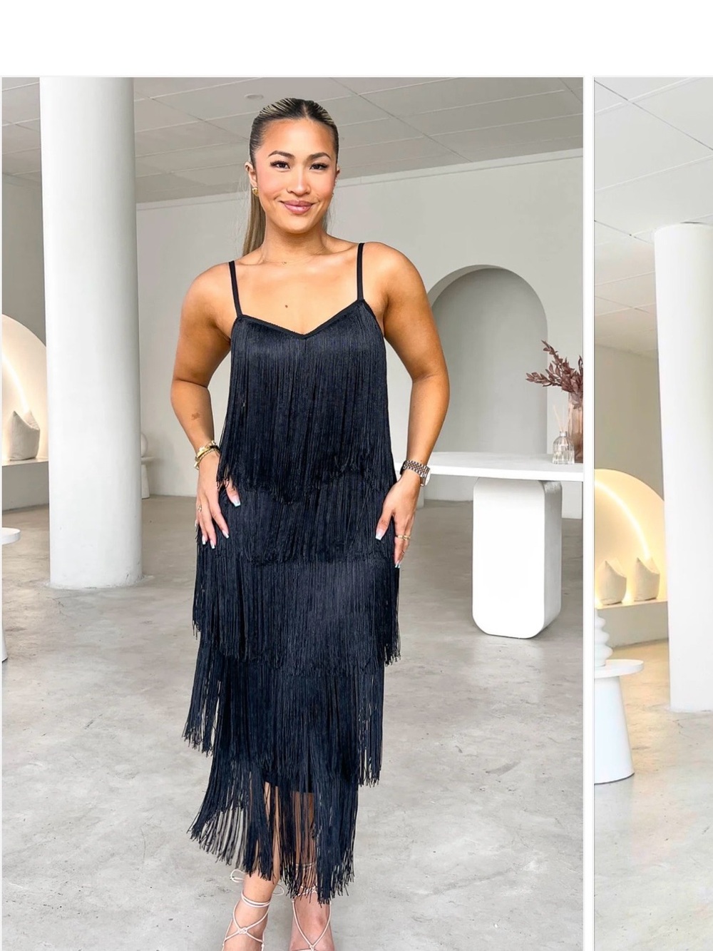 Gatsby inspired Black Fringe Spaghetti-Strap Midi Dress